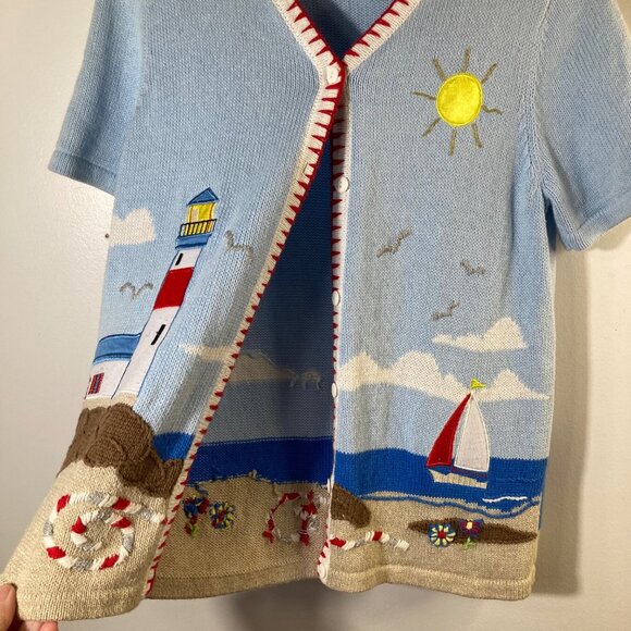 Womens Vintage Breckenridge Lighthouse Boat Summer Cardigan Blue White Red S - Picture 3 of 12